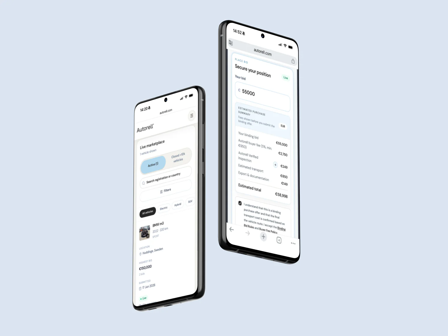 Système d'enchères simple Autorell avec vue des enchères et résumé d'achat
